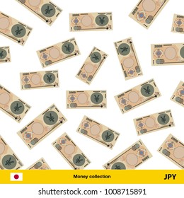 Flying Yen banknotes. Money rain. Falling Yen