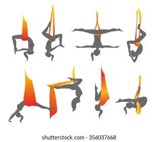 Flying yoga logo templates set. Anti-gravity yoga. Aerial yoga