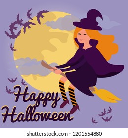 Flying young witch on a broomstick over the moon night sky background. Vector silhouette.Little Halloween Witch.Happy Halloween's day card