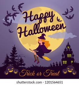 Flying young witch on a broomstick over the moon night sky background. Vector silhouette.Little Halloween Witch.Happy Halloween's day card