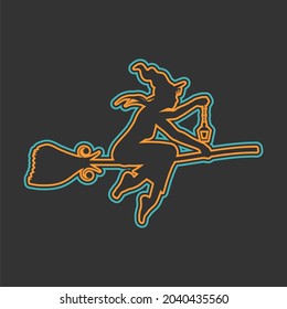 Silhouette de bruja joven volando sobre una escoba