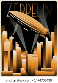Flying Zeppelin Art Deco Poster Stylization, 1920s Aesthetics, Golden Grtadients, Retro Futurism Style 