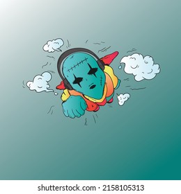 flying zombie using headphone vector illustration. suitable for t-shirt printing and sticker. clouds in the sky.