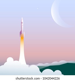 Flying-up rocket in the clear sky with planet