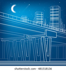 Flyover, architectural and infrastructure illustration, transport overpass, highway, white lines urban scene, night city on background, vector design art