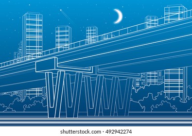 Flyover, architectural and infrastructure illustration, transport overpass, highway, white lines urban scene, night city on background, vector design art