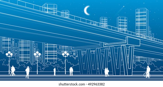 Flyover, architectural and infrastructure illustration, transport overpass, highway, white lines urban scene, people walking, night city on background, vector design art