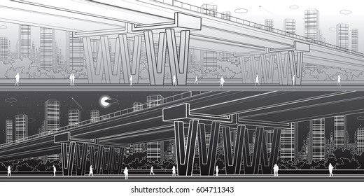 Flyover, architectural and infrastructure panorama, transport overpass, highway, urban scene, people walking, night city on background, light and dark version, vector design art
