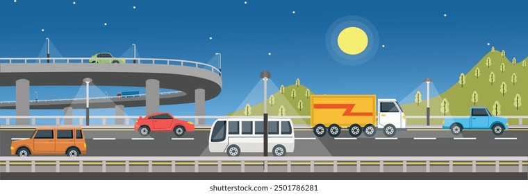 Flyover landscape at night vector art. Truck delivery service in highway. Hill at night view illustration. Transportation at night. 