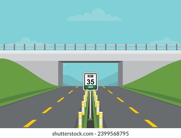 A flyover road over a two way toll road with bridge and traffic sign. Flat vector illustration template.