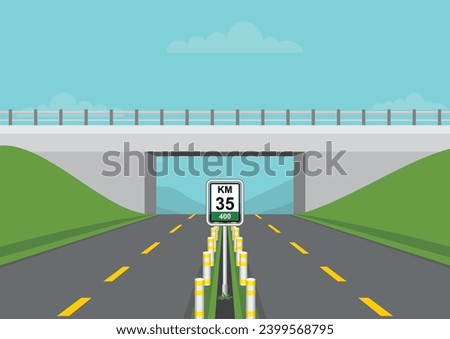 A flyover road over a two way toll road with bridge and traffic sign. Flat vector illustration template.