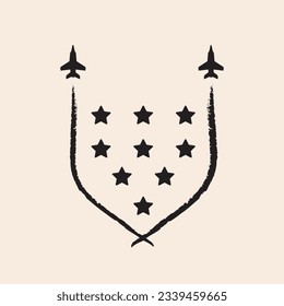 Flypast outline icon with stars, two aircrafts and smoke trails vector line art