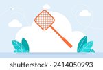 Flyswatter. Fly swatter insect killer destroy plastic tool with handle. Fly swatter flat icon. Pest exterminator flapper flying bug swat aggressive. Isolated on a white background. Vector illustration
