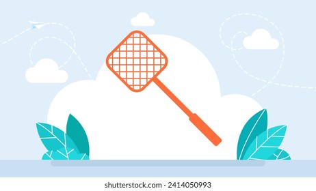 Flyswatter. Fly swatter insect killer destroy plastic tool with handle. Fly swatter flat icon. Pest exterminator flapper flying bug swat aggressive. Isolated on a white background. Vector illustration