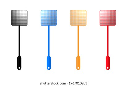 Flyswatter. Fly Swatter For Swat Of Mosquito. Icon Of Killer Of Insect. Design Of Flyswatter With Different Colors: Black, Red, Orange, Blue. Plastic Tool Isolated On White Background. Vector.