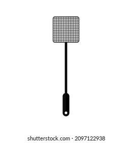 Flyswatter. Fly Swatter For Swat Of Mosquito. Icon Of Killer Of Insect. Design Of Black Flyswatter. Plastic Tool Isolated On White Background. Vector.