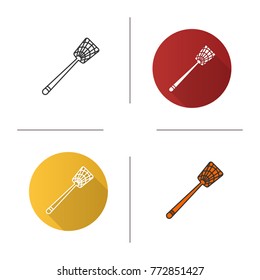 Fly-swatter icon. Flat design, linear and color styles. Houseflies, wasps, moths, gnats killing device. Isolated vector illustrations