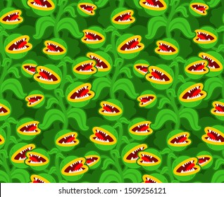 Flytrap monster plant pattern seamless  Flower predator Carnivorous plant background   Angry Flowers and Teeth ornament  