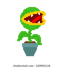 Flytrap pixel art  Flower predator Carnivorous plant in pot  Angry Flowers and Teeth 8 bit