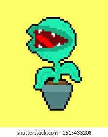 Flytrap pixel art. Flower predator Carnivorous plant in pot. Angry Flowers with Teeth 8 bit