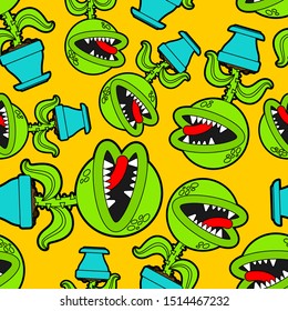 Flytrap in pot pattern seamless  Flower predator Carnivorous plant background   Angry Flowers and Teeth ornament