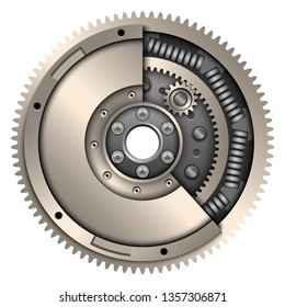 Flywheel for engine. Machine parts. Сar clutch kit. Vector illustration. 