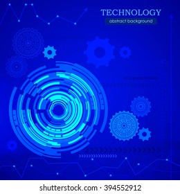 The flywheel and the gears on blue background. The concept of modern technology. Abstract vector illustration.