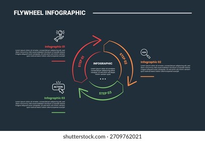 Diagrama de processo infográfico volante com parte piechart com seta e pincel traçado com fundo escuro brilhante contorno estilo 3 pontos vetor