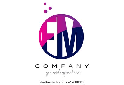 FM F M Circle Letter Logo Design with Purple Magenta Dots Bubbles Vector Illustration