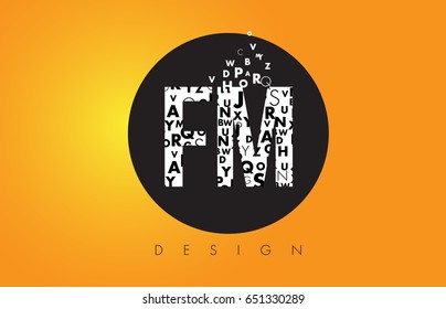FM F M Logo Design Made of Small Letters with Black Circle and Yellow Background.
