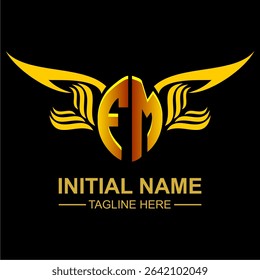 FM Golden Wing Emblem Logo with elegant gold wings, sleek and modern design. Ideal for branding, creative projects, luxury businesses, or artistic ventures.