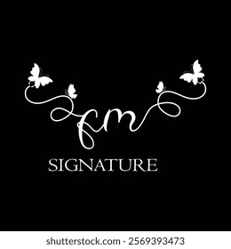 FM Handwritten initial letter, FM simple signature vector logo with butterfly shape variation, beauty, photography letter logo design. F M