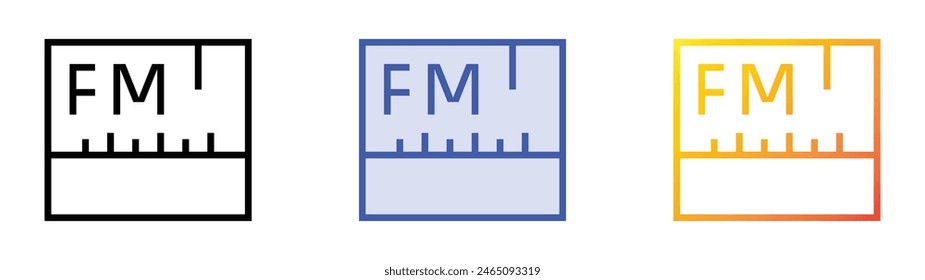 FM-Symbol. Lineares, blaues Füllungs- und Verlaufsstil-Design auf weißem Hintergrund