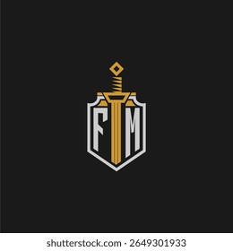 Monograma inicial FM para imagem em estilo escudo e espada