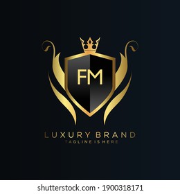 Carta FM Inicial con plantilla real.elegante con el logotipo de la corona vectorial, Ilustración vectorial con logotipo de letras creativas.
