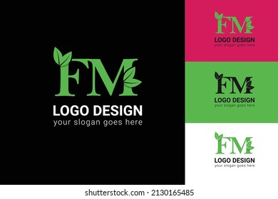 Logotipo ecológico de letras FM con hoja. Tipo de vectores para afiches naturales, emblema ecológico, identidad vegana, tarjetas botánicas y de hierbas, etc. Ecología letras FM logotipo con hoja verde.