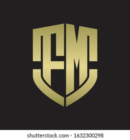 FM Logo monogram with emblem shield shape design isolated gold colors on black background