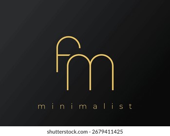 Logotipo minimalista FM com formas entrelaçadas no fundo preto sólido. Um design de logotipo minimalista limpo e moderno.