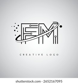 FM Orbit Monogram Logo – Futuristic Minimal Letter mark with Circular Line Art, Tech-Inspired Dots and Space Motion Concept for Modern Branding Identity