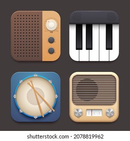 FM radio, piano and drum music app interface icon. Vector 3d realistic vintage receiver, percussion and key musical instruments square buttons set for music channel, mobile application, ui design