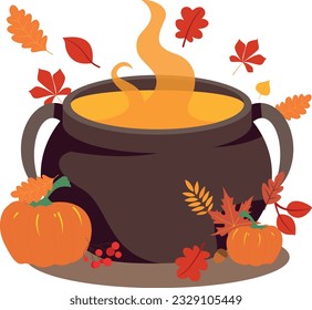 caldero mágico, poción mágica, halloween, ilustración de otoño, ilustración infantil, vector, ilustración de libro