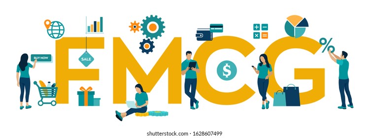 FMCG. Fast Moving Consumer Goods Acronym. Quickly Moving Product, Short Term Goods. Business And Commerce Concept With Big Word Or Text. Vector Illustration With Characters And Icons.