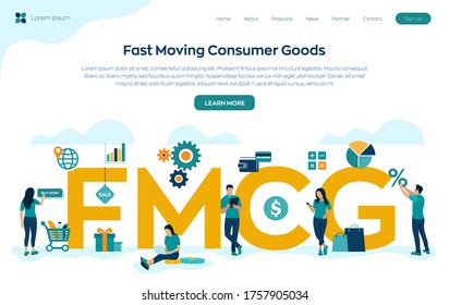 FMCG. Fast Moving Consumer Goods Acronym. Quickly Moving Product, Short Term Goods. Business And Commerce Concept With Big Word Or Text. Vector Illustration With Characters And Icons.