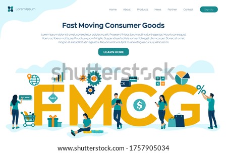 FMCG. Fast Moving Consumer Goods acronym. Quickly moving product, short term goods. Business and commerce concept with big word or text. Vector illustration with characters and icons.