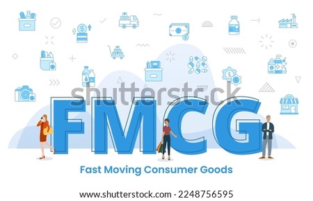 fmcg fast moving consumer goods concept with big words and people surrounded by related icon spreading