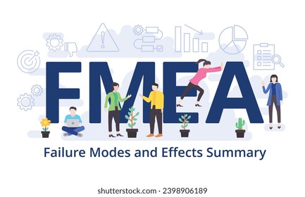 FMEA - Failure Modes and Effects Summary concept with big word text acronym and team people in moderne, flache Vektorgrafik