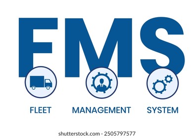 FMS - Flottenmanagement-System Akronym. Hintergrund des Geschäftskonzepts Vektorgrafik mit Schlagwörtern und Symbolen. Beschriftungsgrafik mit Symbolen für Webbanner, Flyer, Landung