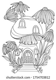fmushrooms houses in daisy flowers coloring book outline graphics fantasy magical vector illustration isolate on white background postcard for children antistress