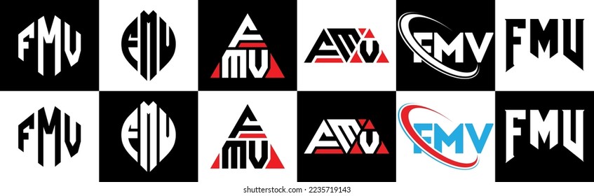 FMV Brief Logo Design in sechs Stilrichtungen. FMV Polygon, Kreis, Dreieck, Hexagon, flacher und einfacher Stil mit schwarz-weißem Farbänderungslogo in einem Zeichenbrett. FMV-minimalistisches und klassisches Logo