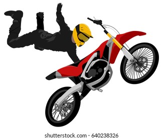 FMX freestyle motocross jump trick One Hand Tail Grab graffiti style isolated color vector illustration